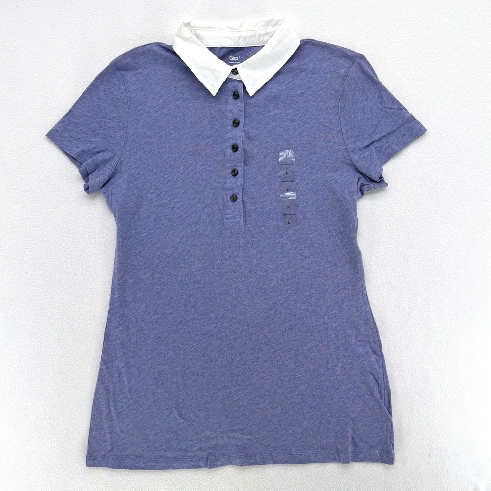 Gap Polo Shirt Women Large Blue Pima Cotton Contrast Collar Short Sleeve Preppy